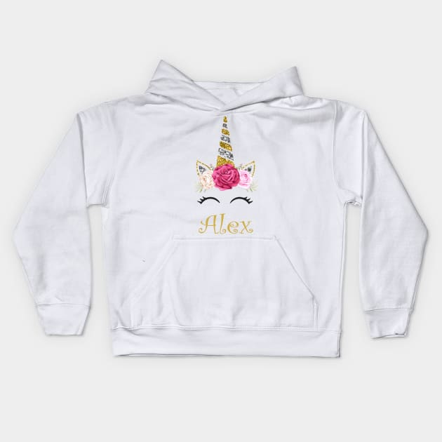 Alex | Personalized Name With Unicorn And Flowers For Girls And Women Kids Hoodie by Dizak Design